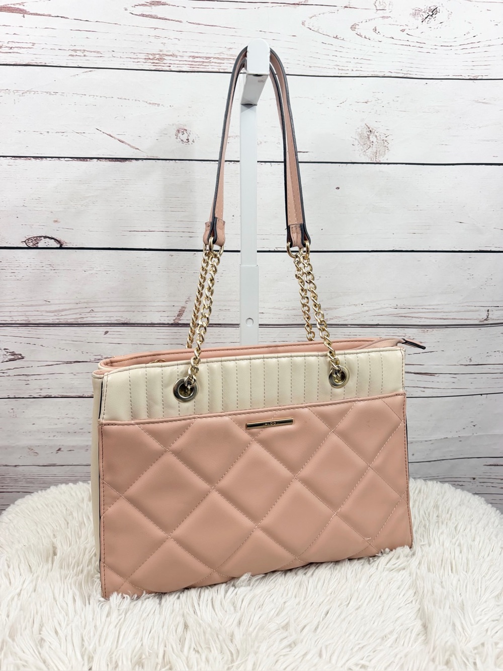 Aldo Quilted Two-Tone Shoulder Tote - Blush Pink & Cream Handbag